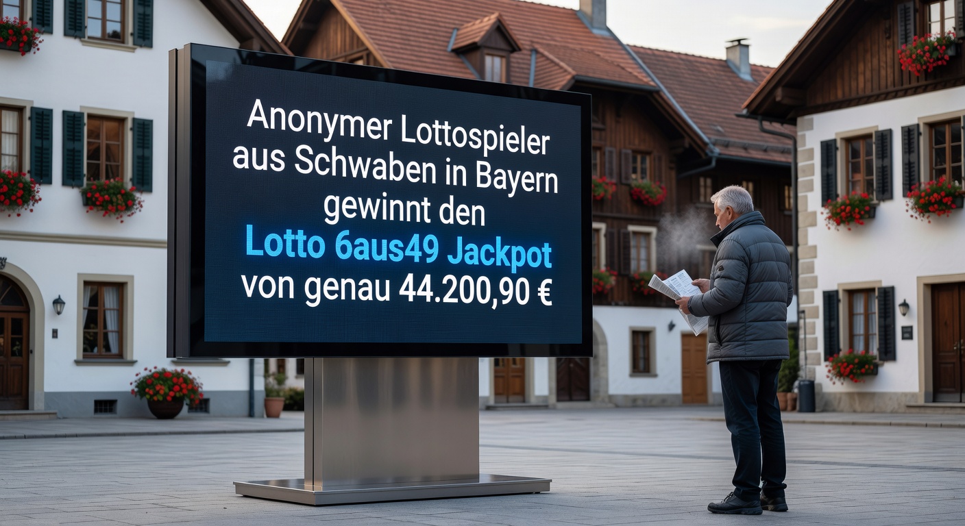 Feiernde Menschenmenge vor einem Lotto-Stand mit Konfetti und Jackpot-Banner, das den bayrischen Gewinn evoziert